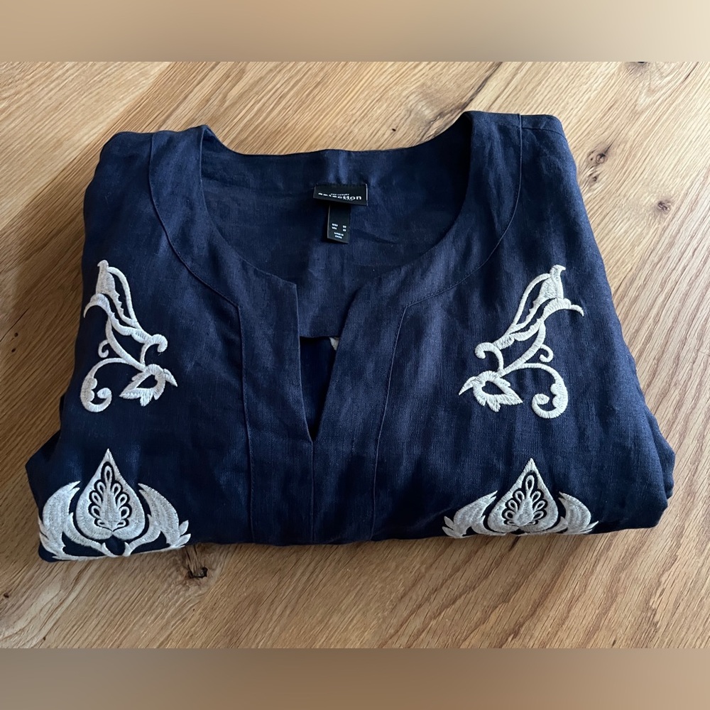 ULLA POPKEN DAMASK DETAIL SPLIT NECK SHORT SLEEVE DRESS, DARK MARINE, SIZE 20. - Picture 13 of 13